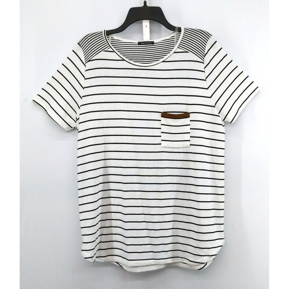 Pink Clover Shirt Women Size XL White Black Striped Short Sleeve Casual Top